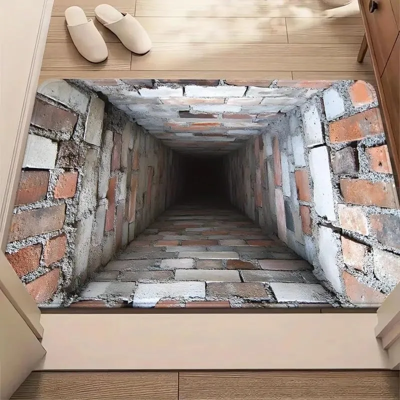 3D Optical Illusion Hole Doormat Brick Wall Bottomless Hole Creative Design Carpet Retro Industrial Style Non-Slip Visual Rug