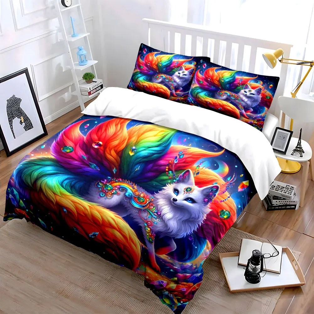 Vibrant Fox with Gemstone Adornments Print Bedding Set 1 Duvet Cover 2 Pillowcases for Adult and Children Luxury Gift Full Size