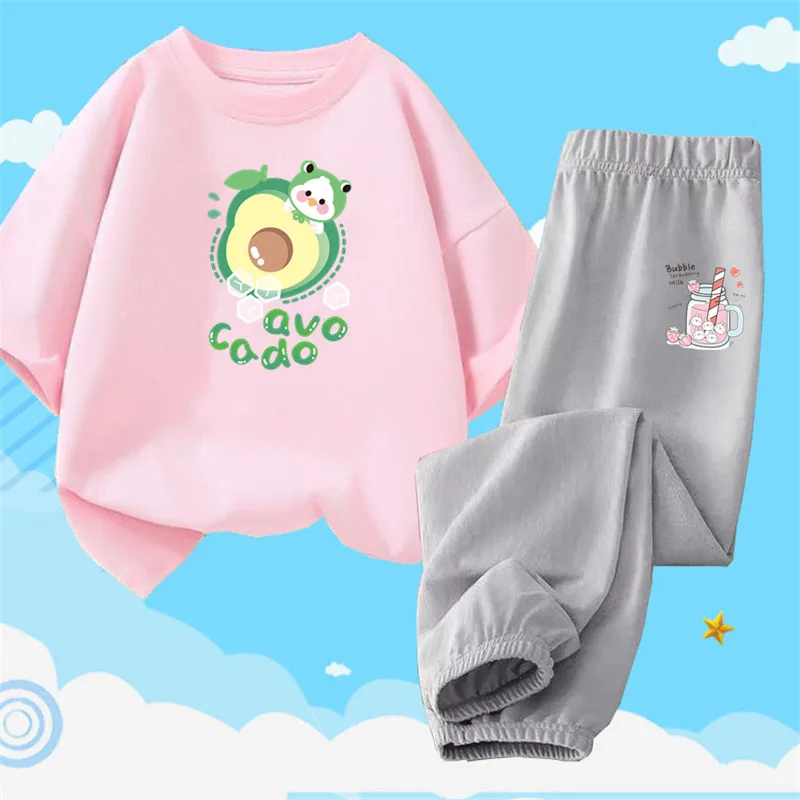 2024 Summer Kids Outfits Girls Fruit Avocado t-shirt+ anti-mosquito pants 2pcs Set Children Cartoon Tracksuits