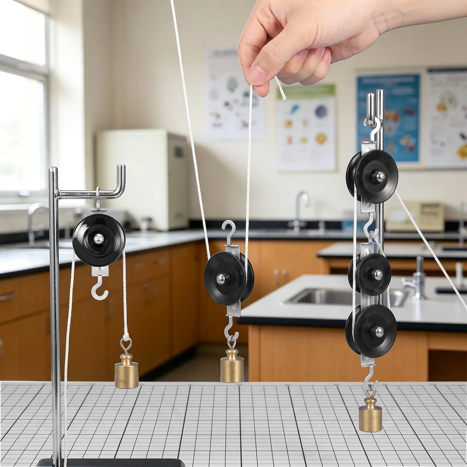 2Sets Metal Pulley Physics Experiment Kit Middle School Teaching Aid Fixed Movable Single Double Pulley Set for Mechanics