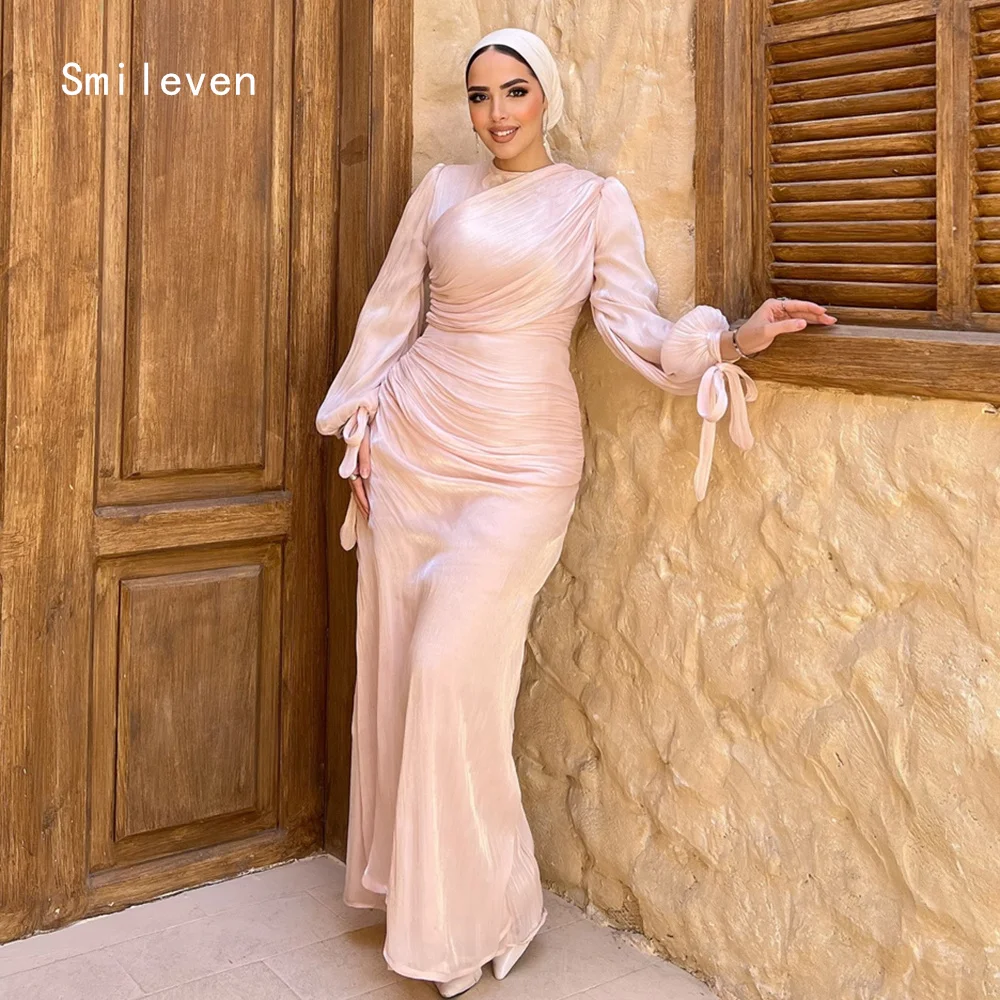 Smileven Luxury Bow Mermaid Prom Dress Shining Scoop Evening Gowns Full Sleeve Pleat Formal Occasion Dress Customized 2026