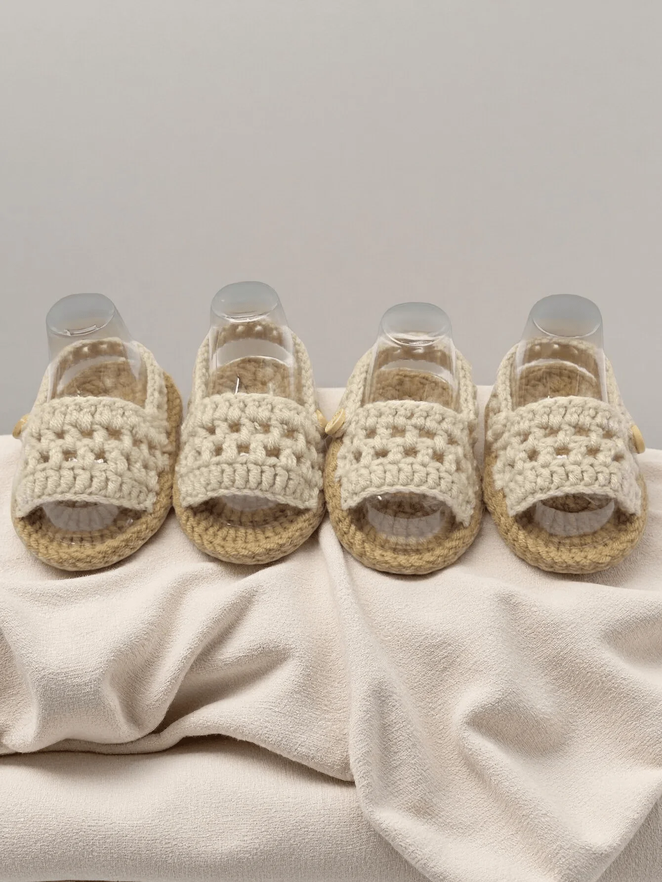 2 Pairs Handmade Crochet Baby Sandals, Khiki and Beige, Button Closure, Infant Booties