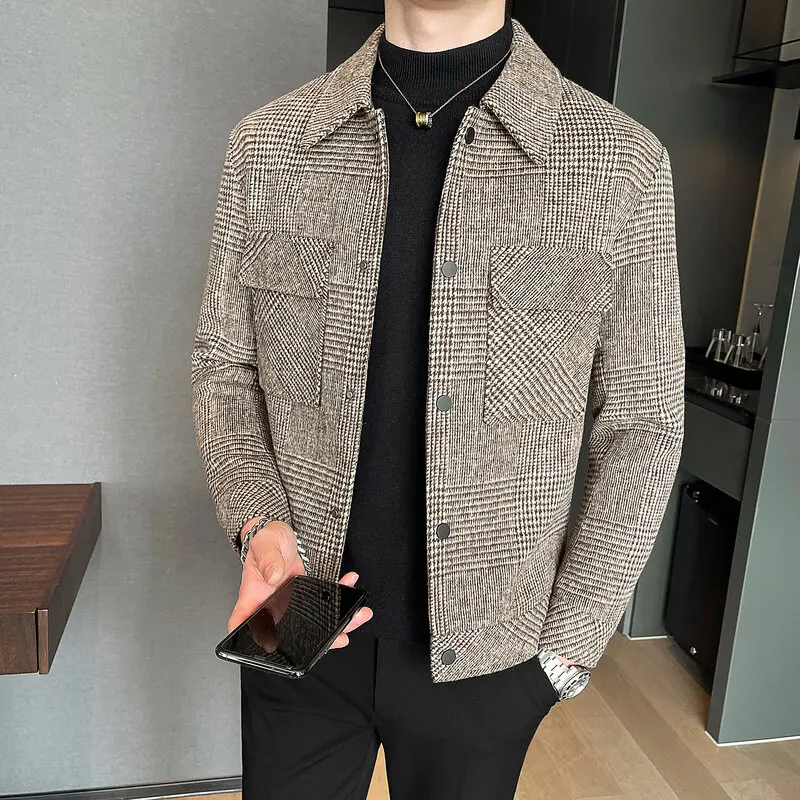 Autumn Plaid Woolen Jacket Men Fashion Retro Pocket Casual Jacket Men Streetwear Slim Fit Lapel Coat Mens Outerwear S-4XL