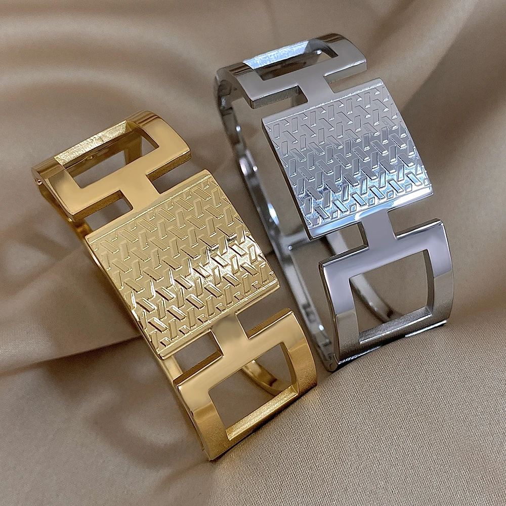 Unique Design Geometric Stainless Steel Cuff Bangles Bracelets Charm Chunky Gold Silver Color Fashion Waterproof Jewelry