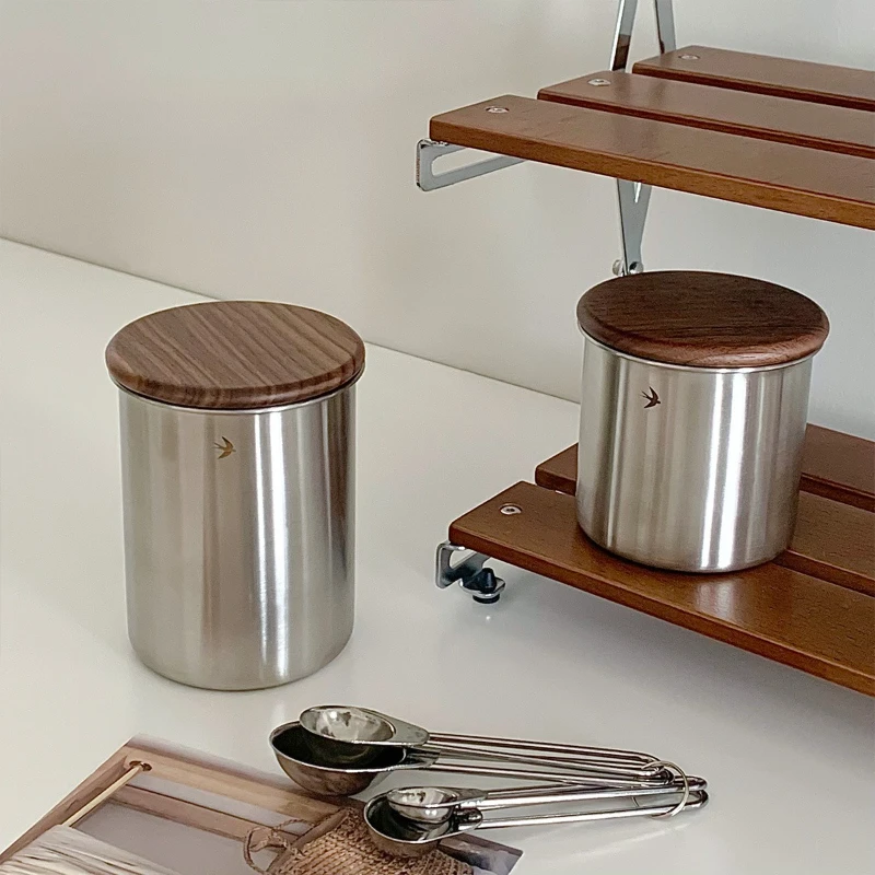 1pc Coffee can Retro style Woodiness Stainless steel Coffee bean storage jar Seal Making old storage tanks Coffee set