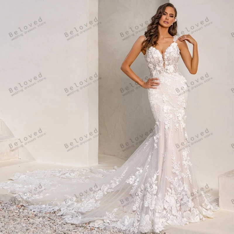 Vestidos de casamento clássicos para mulheres, sexy V-Neck, vestidos de noiva sem costas, apliques de renda, cintas de espaguete, 2024, 2023, 2023