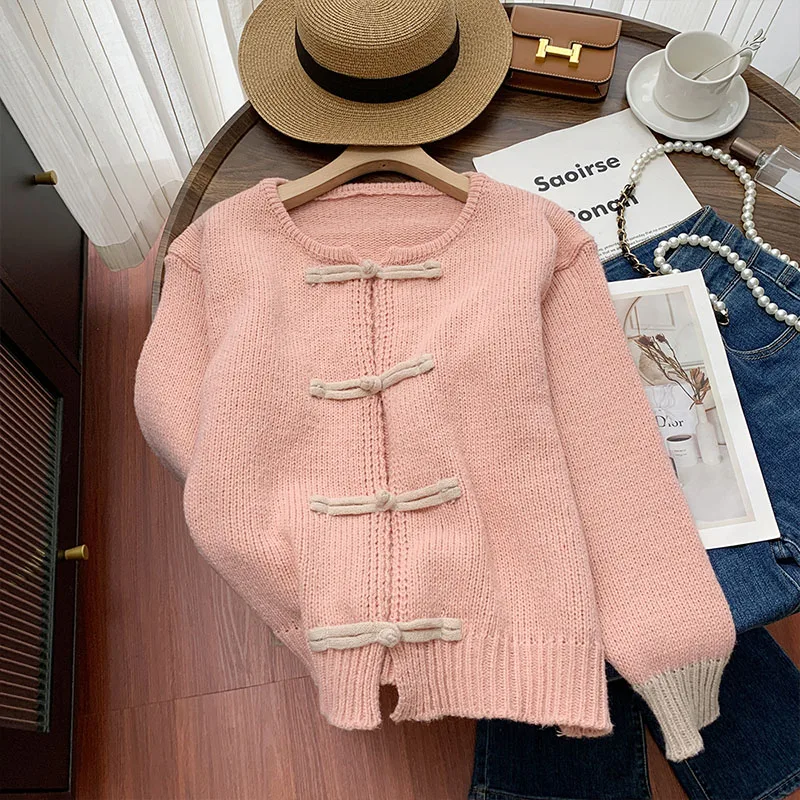 

Women Clothing Vintage Chic Button Chinese Style Knitted Cardigan Autumn Winter Temperament Elegant Solid Loose O-neck Sweaters