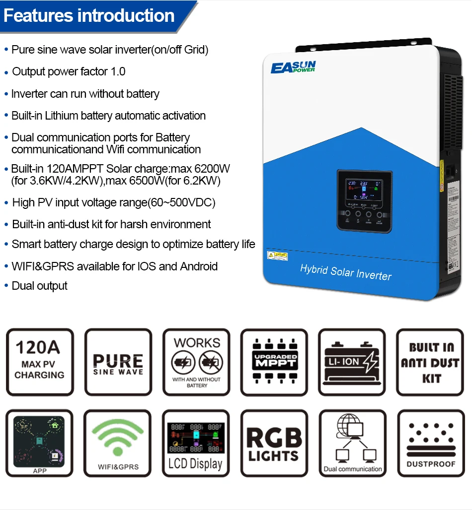 EASUN POWER Hybrid Solar Inverter 6200VA 6.2KW 48V Photovoltaic Hybrid Inverter 230VAC Max PV 450V Build in 120A MPPT Charger - Image 5