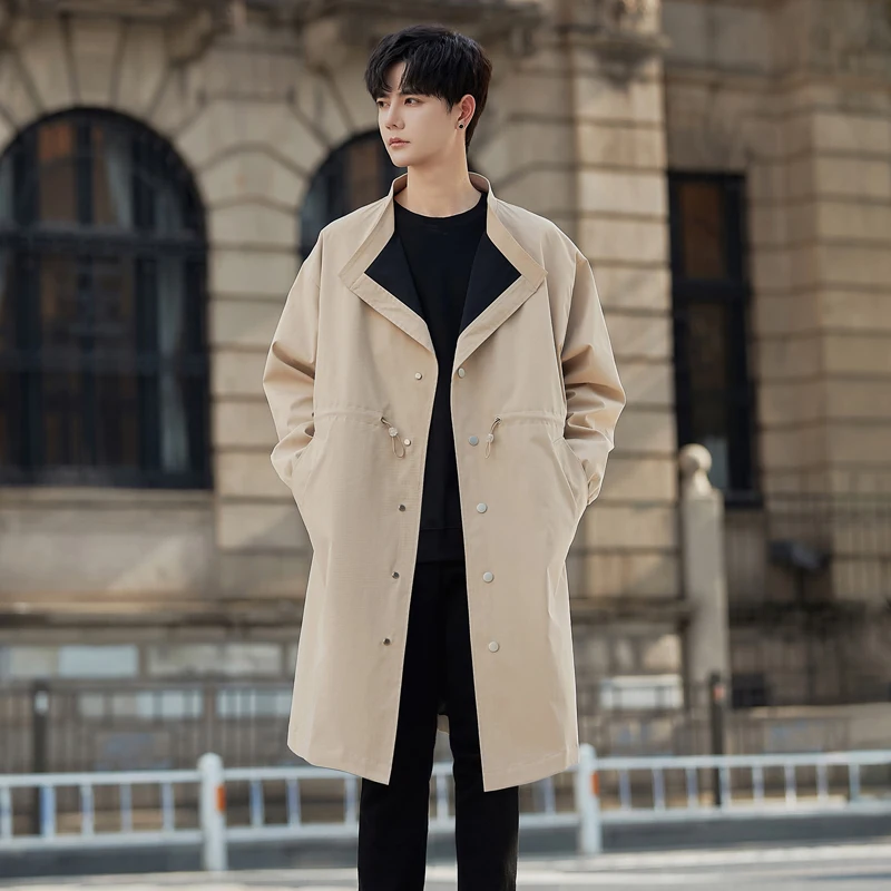 Spring Autumn Medium Long Trench Coat Men Fashion Contrast Color Windbreaker Black/Khaki Handsome Overcoat Casual Jackets