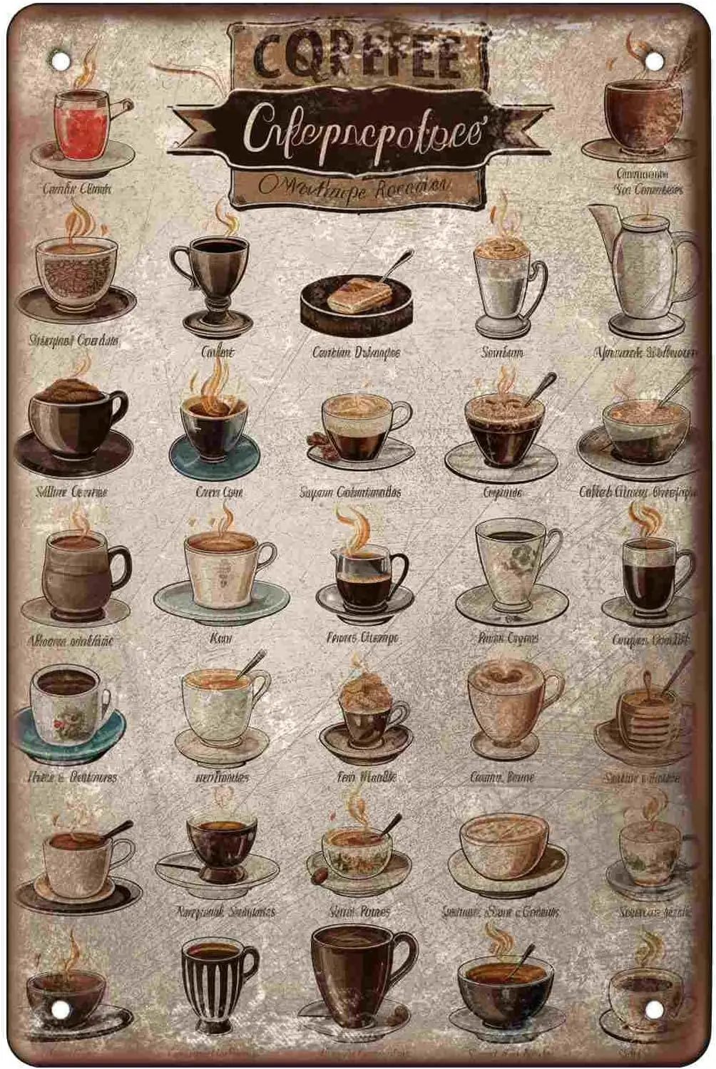 Coffee shop menu and types Funny Tin Sign Bar Pub Diner Cafe Wall Decor Home Art Poster Retro Iron Poster Painting 8x12 inc sign