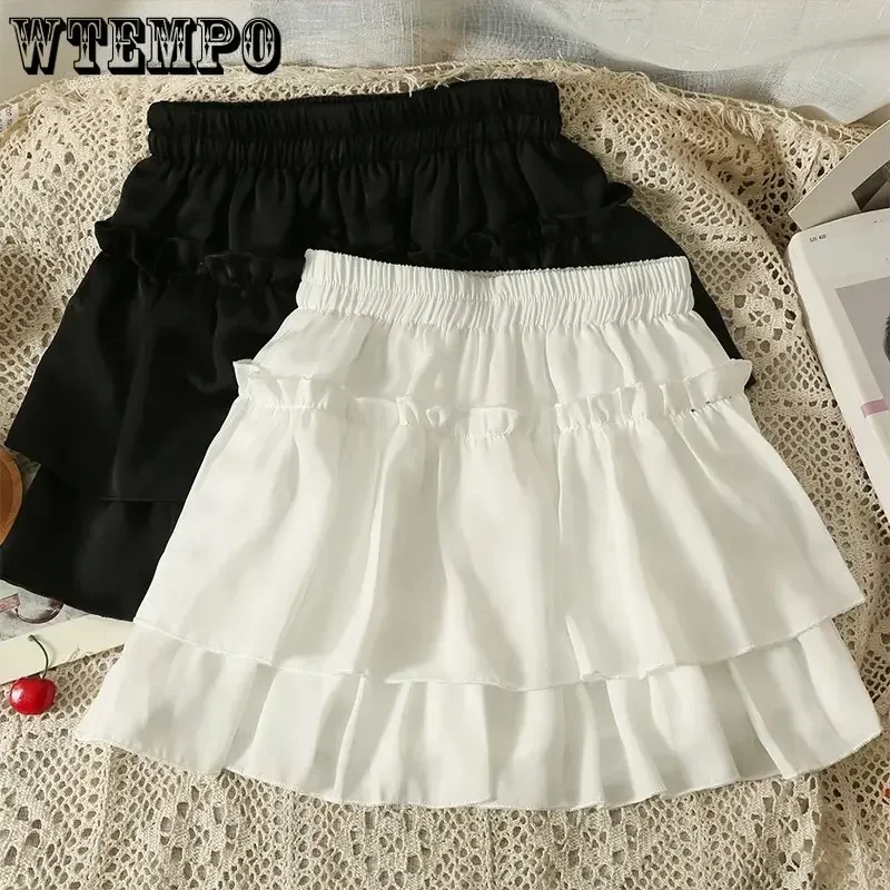 

White Cake Skirt Ruffles Design Sweet Preppy Style A-word Version Elastic Waist Women Chiffon Skirt Slim Thin Casual Summer