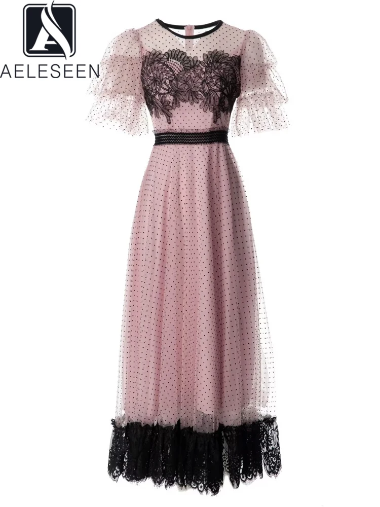 

AELESEEN Designer Fashion Women Dress Flare Sleeve Dots Print Pink Mesh Lace Patchwork Elegant Long Party Holiday