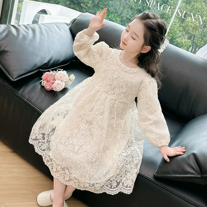 Girls pure color floral lace dress summer single piece