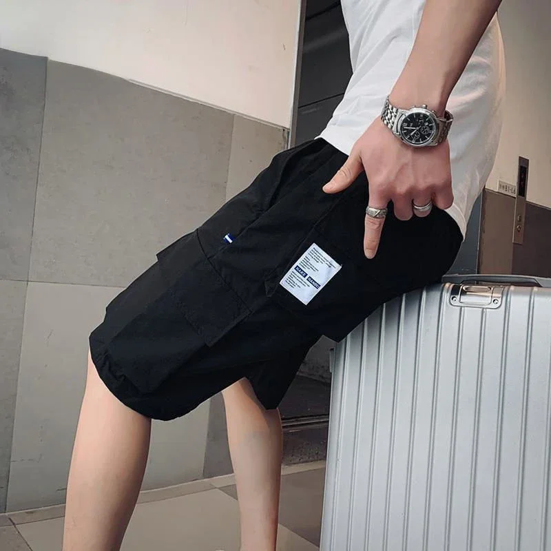 Men's Cargo Shorts Black With Pockets Male Bermuda Short Pants Harajuku Loose Streetwear Designer Elastic Waist Trend Unique