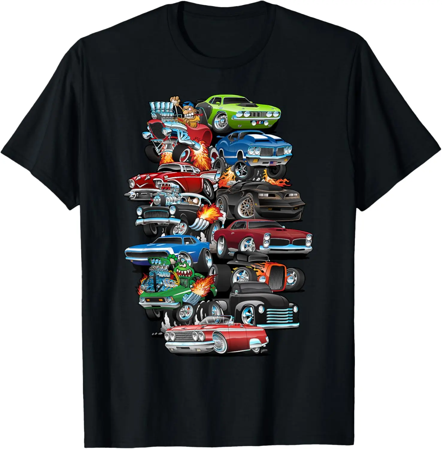 Car Madness! Muscle Cars, Classic Cars And Hotrods Cartoon T-Shirt 100% Cotton Trendy Y2K Short-Sleeve Tee-Soft, Quick-Drying,
