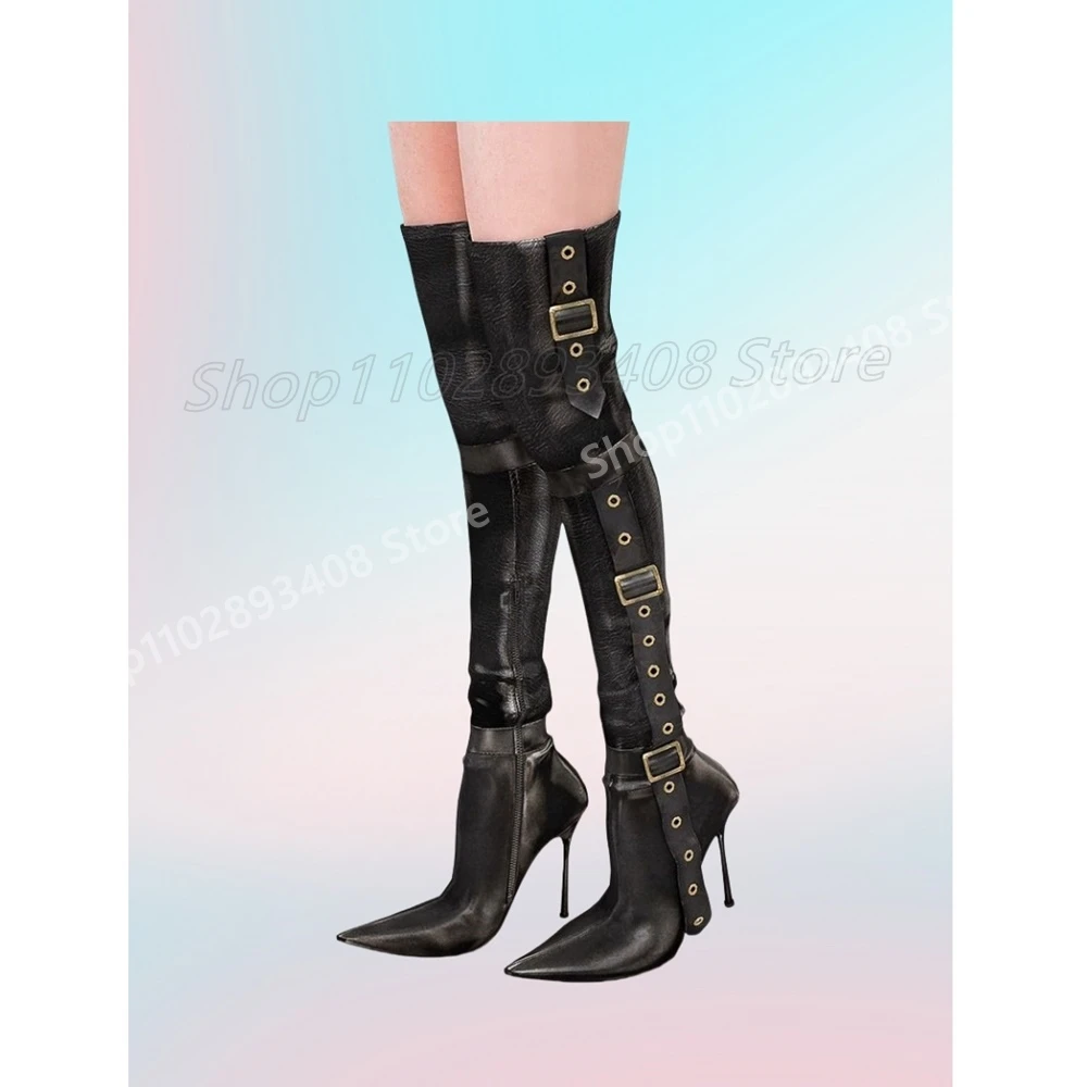 

Hot Girls Pointy Toe Over the Knee Boots Hollow Rivets New Stiletto High Heel Party Sexy Women Shoes 2025 Spring Para Mujere