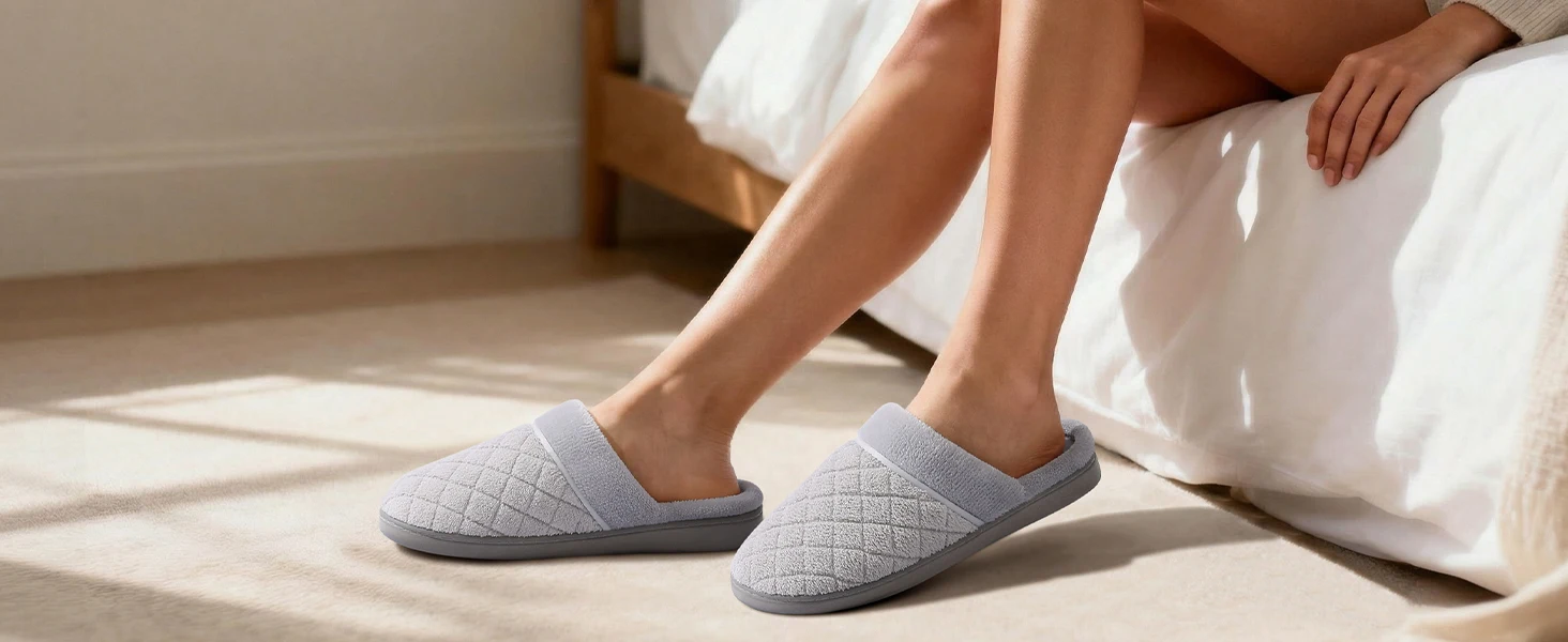 Shevalues Leichte Damen-Baumwollpantoffeln mit weicher Sohle, rutschfeste Hausschuhe, Memory-Schaum, Unisex-Schlafzimmer-Schuhe – Detail 6