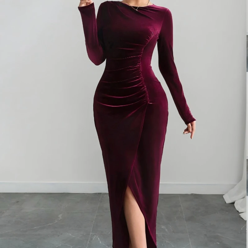 

2025 autumn and winter new slim and thin long-sleeved velvet dress