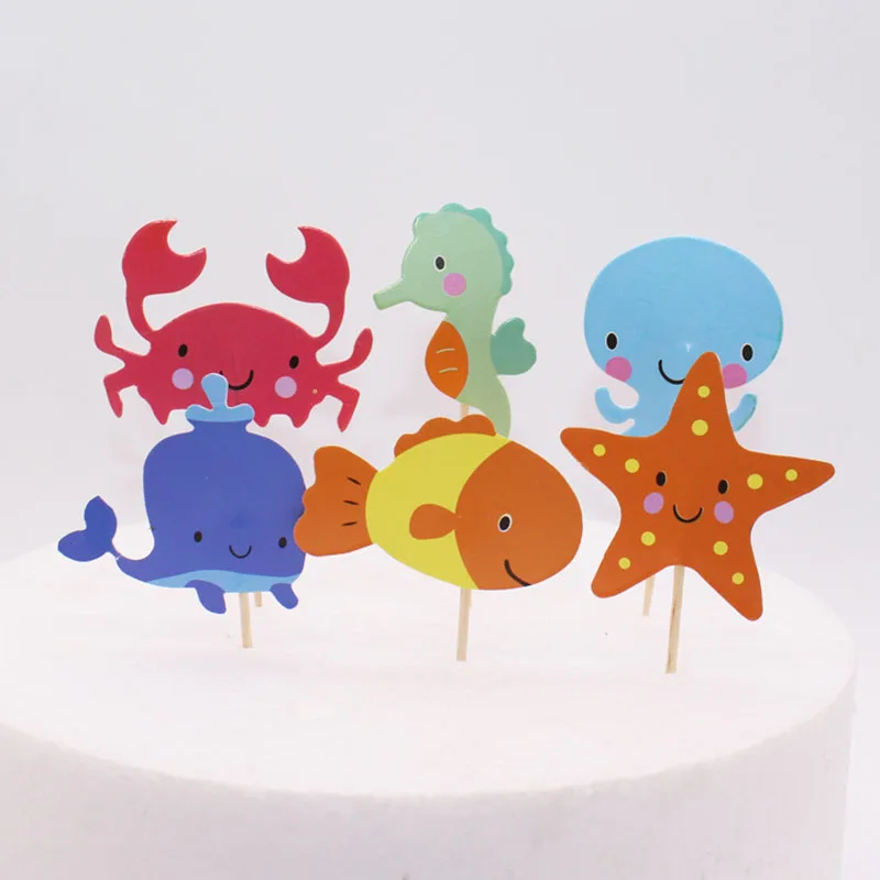 Mermaid Party Cake Toppers Cartoons Blue Whale Octopus Hippocampus Crab Seaweed Fish Topper Cake Kid Birthday Party Decorations