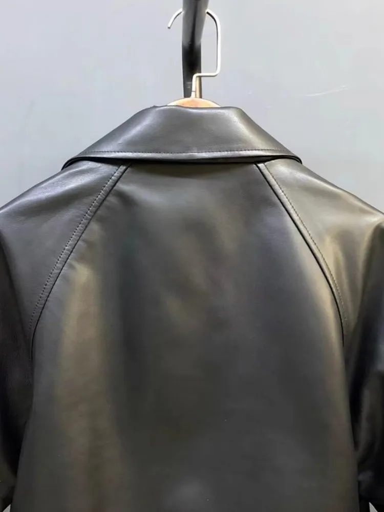 Wysokiej jakości damska odzież robocza Prawdziwa skórzana kurtka Pasek Dwuwarstwowy kołnierz Prawdziwa owcza skóra Długi rękaw Odzież wierzchnia Płaszcz codzienny