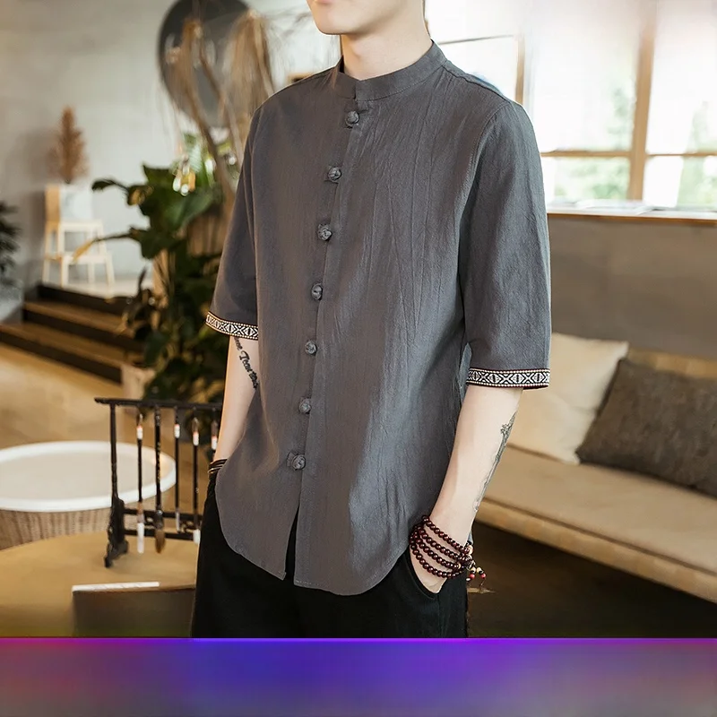 

Men's Summer Tea Ceremony Workwear Acupuncture Therapy Techan orm Loose Fit Seven Sve Thin Sle Chinese Sle