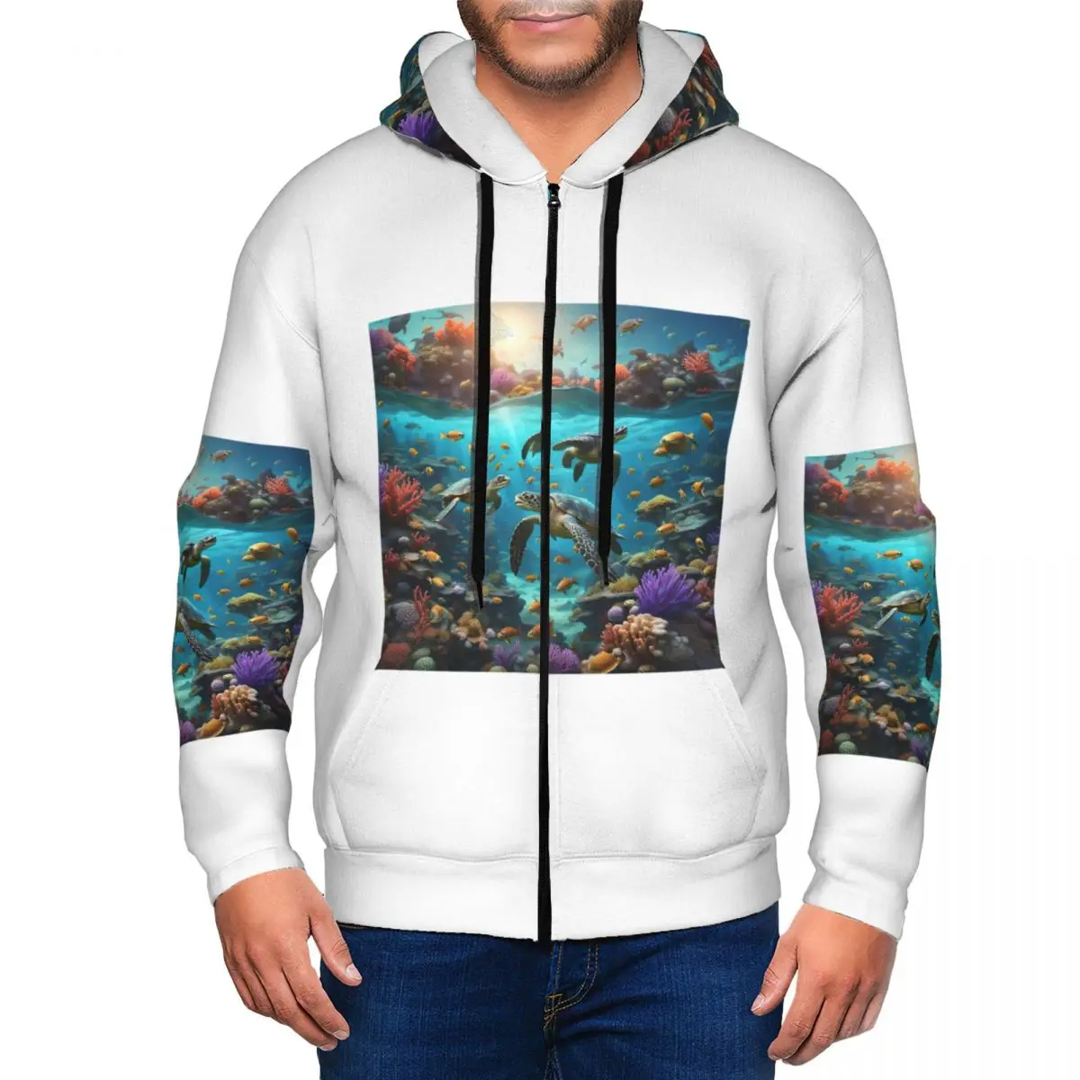 Deep Sea Turtle Underwater World Zipper Hoodies Hip Hop Pullover Autumn Winter Men's Women's Sweatshirt Long Sleeve Tops