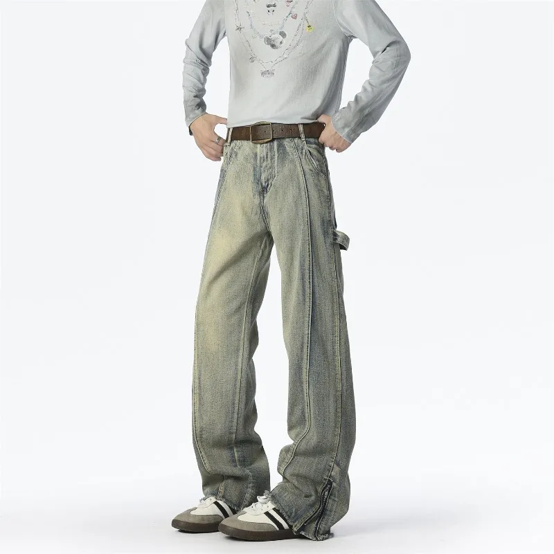 

Men's Jeans Washed Vintage American Retro Casual High Waist Straight Leg Loose Fit Long Trousers Jeans Men Traf Homme Mens Pants