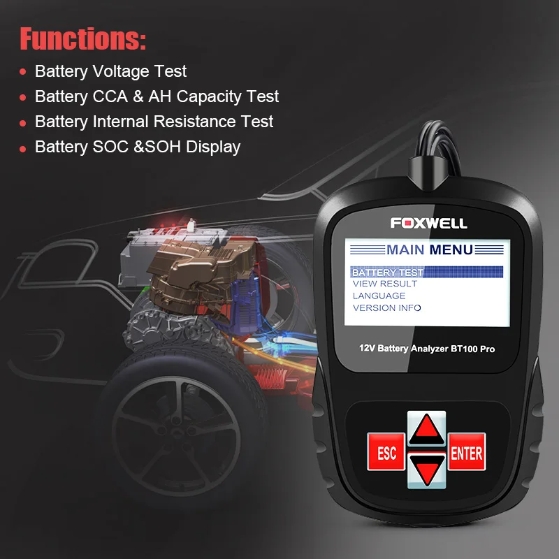 FOXWELL BT100 Pro Car Battery Tester 12V for Lead Acid Flooded AGM GEL 12V Digital Battery Analyzer 100-1100CCA Diagnostic Tools