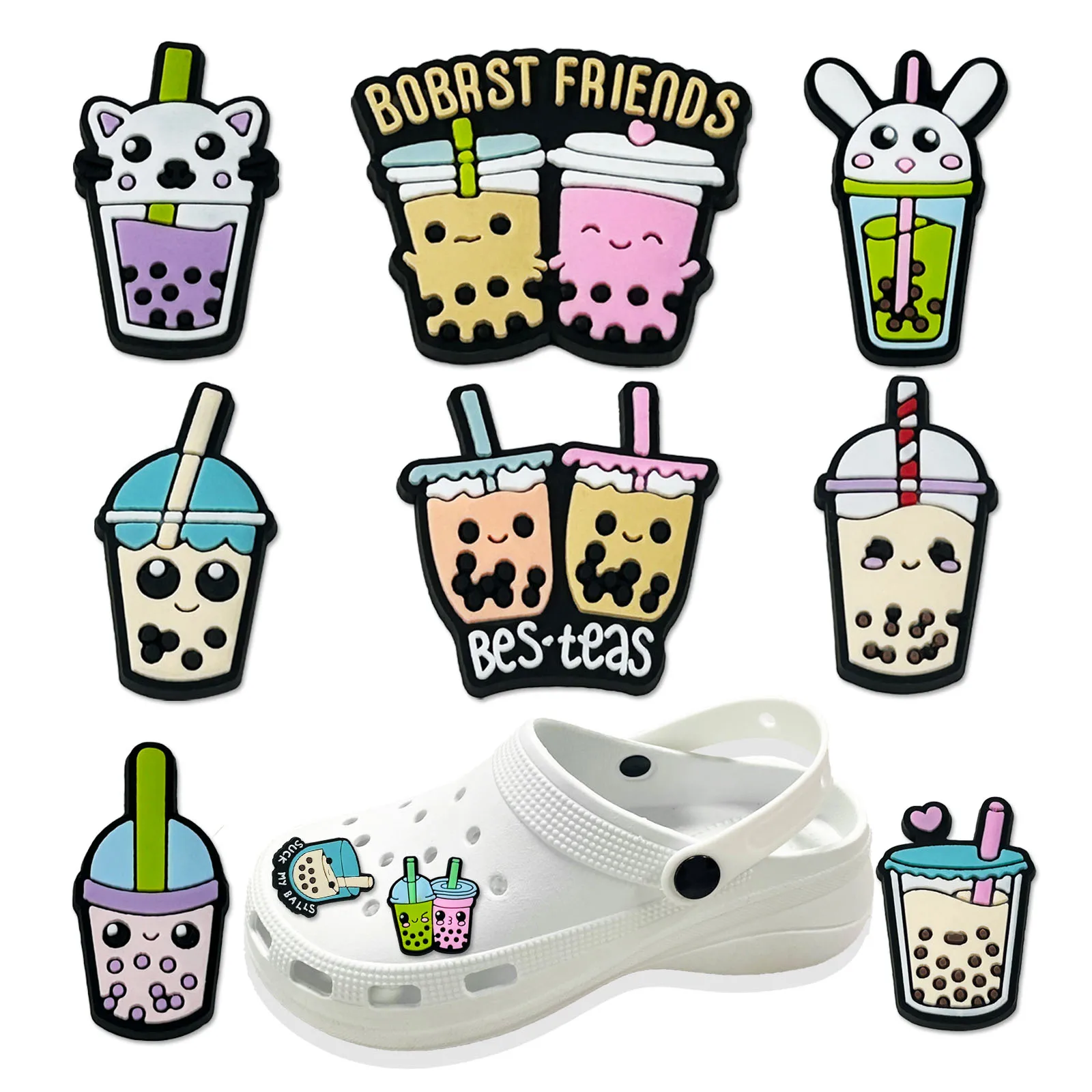 1pcs PVC Shoe Charms Milk Tea Drink Rabbit Heart Sandals Shoes Decoration Fit Wristbands Hole Slipper Accessories Party favors