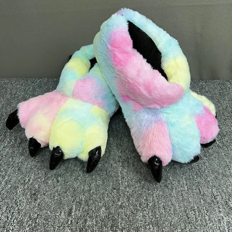 Winter Warm Soft Indoor Floor Slippers Women Men Shoes Furry Animal Dinosaur Claws Shoes Paw Fursuit Plush Home Random Lining