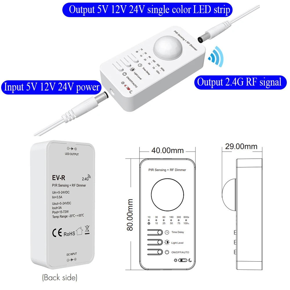 Imagem -02 - Pir Motion Sensor Dimming Controlador Led Detecção de Luz Diurna Temporizador para Escada Controle Remoto rf 5v 12v 24v 2.4g