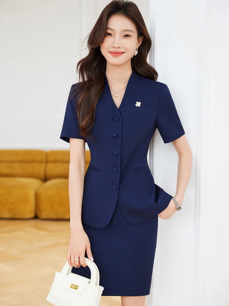 

AIyssa Fashion профессиональная женская одежда, комплект костюма в полоску с короткими рукавами, качественная короткая юбка из двух частей + блейзер