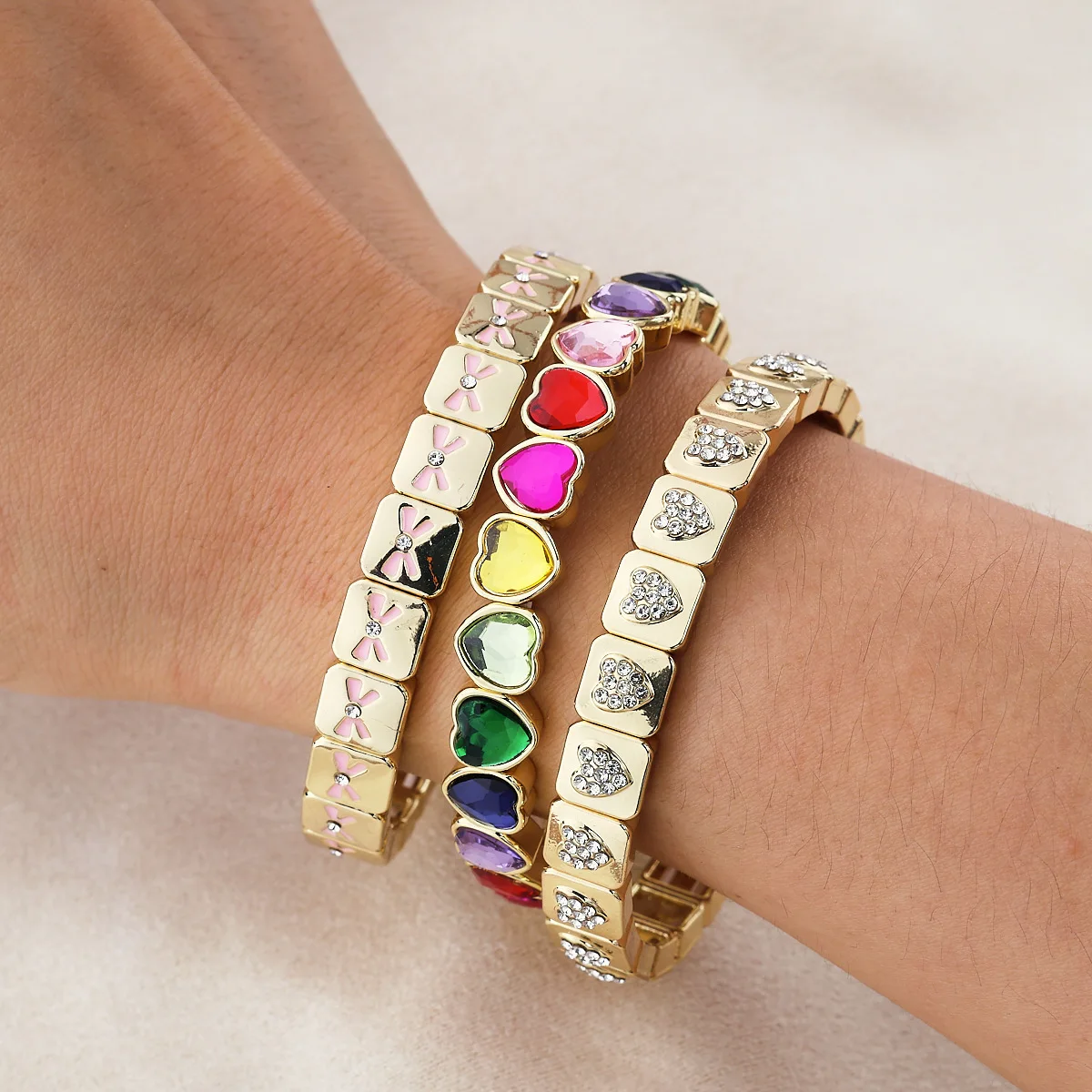 Colorful Personality Fashion Copper Gold Plated Smile Face Heart Light Luxury Elastic Bracelet