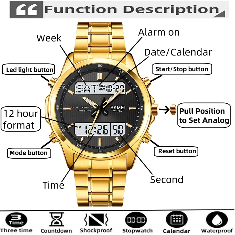 Skmei Mens Quartz Analog Bracelet Watches Luxury Stainless Steel Strap Led Waterproof Digital Sports Three Time Zone Alarm Clock