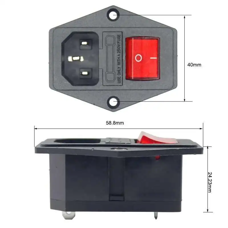 250VAC 3/4 Pin IEC 320 C14 Soket Daya Steker Konektor Inlet dengan Sakelar Rocker Merah Sekering 10A