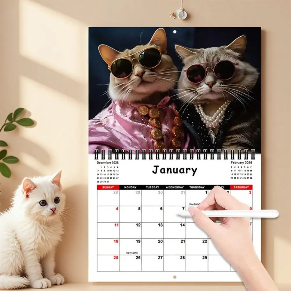 Calendario 2026 con diseño de dos gatos, construcción duradera, planificación de año completo, calendario de pared para gatitos, calendario colgante con lazo para gato, decoración del hogar