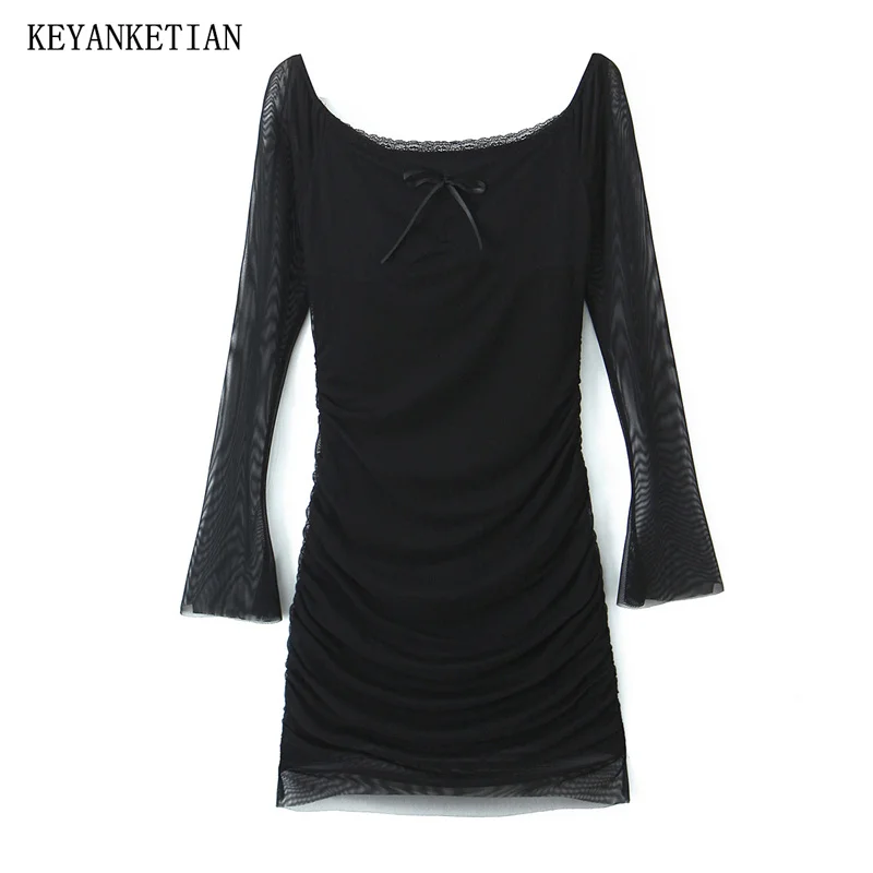 

KEYANKETIAN New Launch Women's Lace edge Tulle Mini Dress French Style Bow Decoration Slash neck Flare sleeve Slim Dresses Black