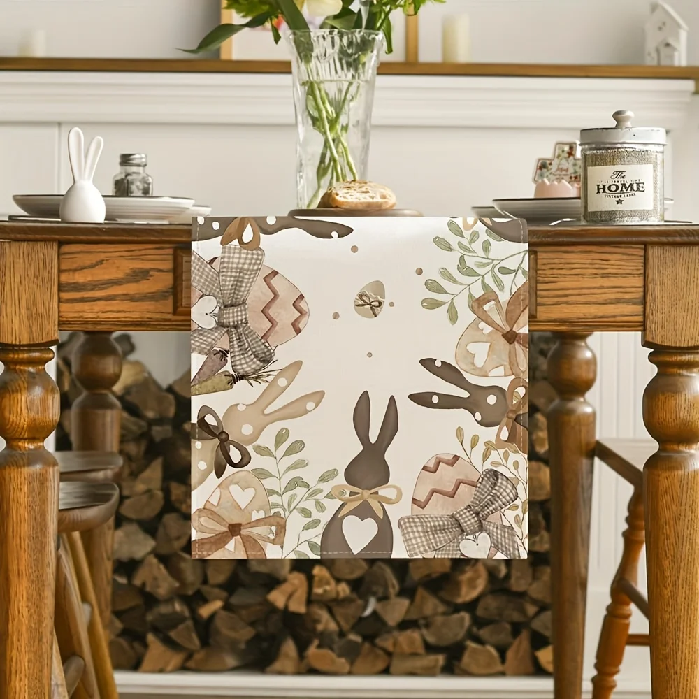 1 Easter Cute Table Runner with Cute Rabbits, Eggs and Branches Painted on Light Background, Suitable for Easter Family