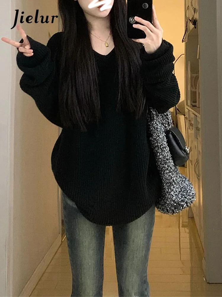 Jielur Autumn New Solid Loose Chicly Women Pullovers Casual Sweet Fashion Pullovers Woman Black V-neck Knitted Sweaters Female