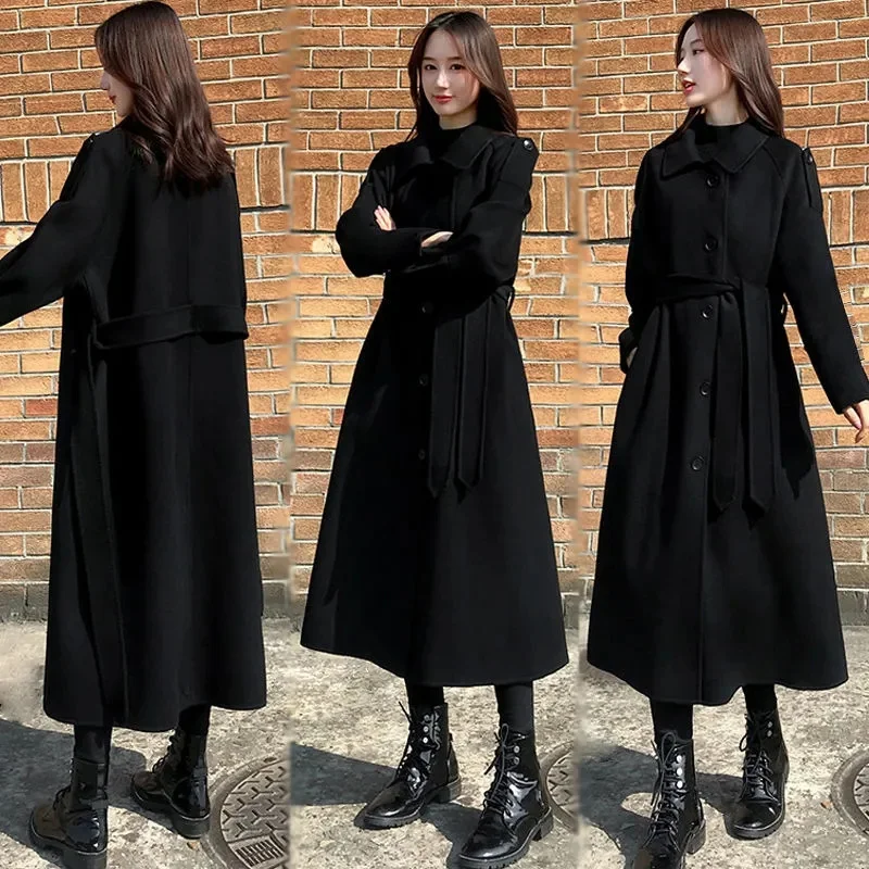 2024 Women Medium Long Styles Coat Female Thickening Long Sleeves Wool Blend Jacket Korean Ladies Loose Fitting Woolen Outwear