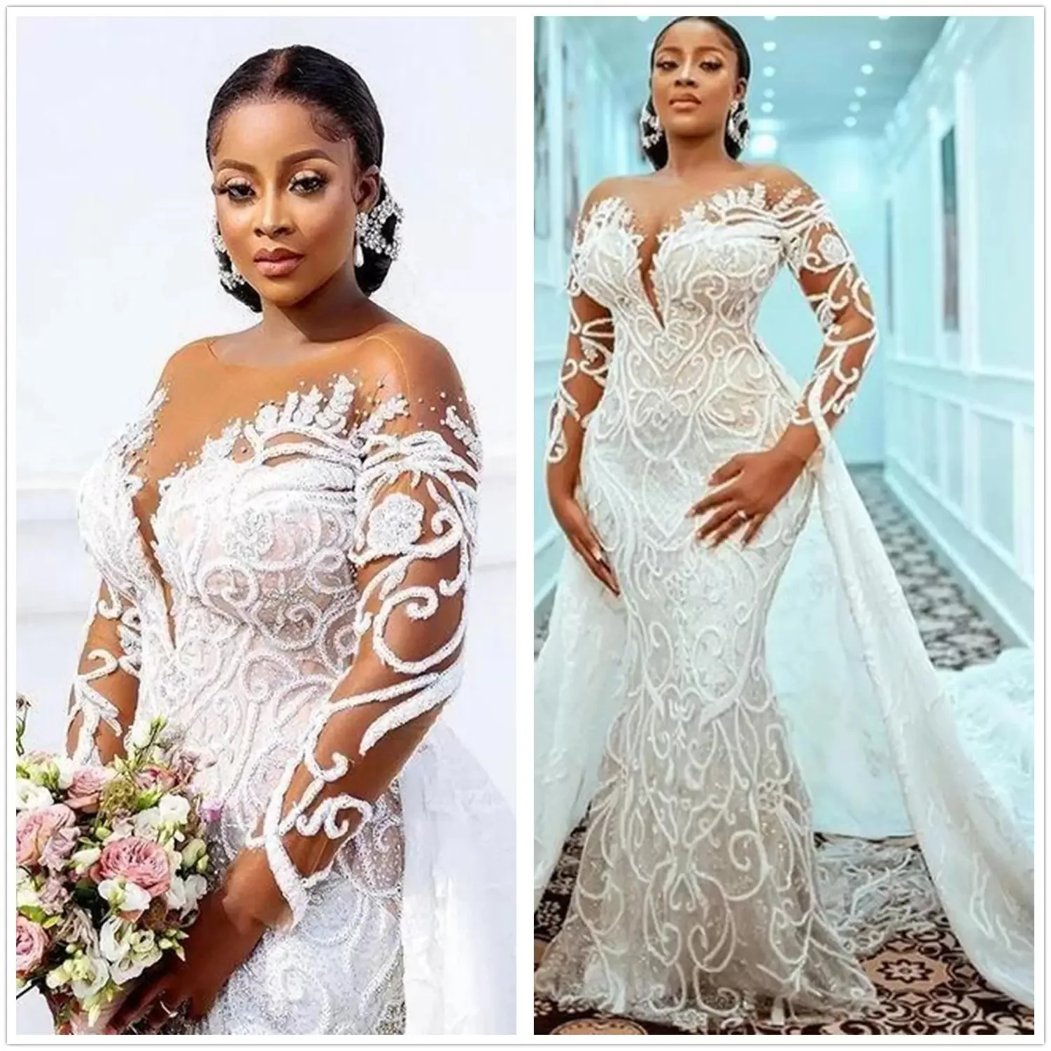 

Plus Size Lace Mermaid Wedding Dresses Detachable Train Sheer Long Sleeves Beaded Lace Appliqued Bridal Gown Custom