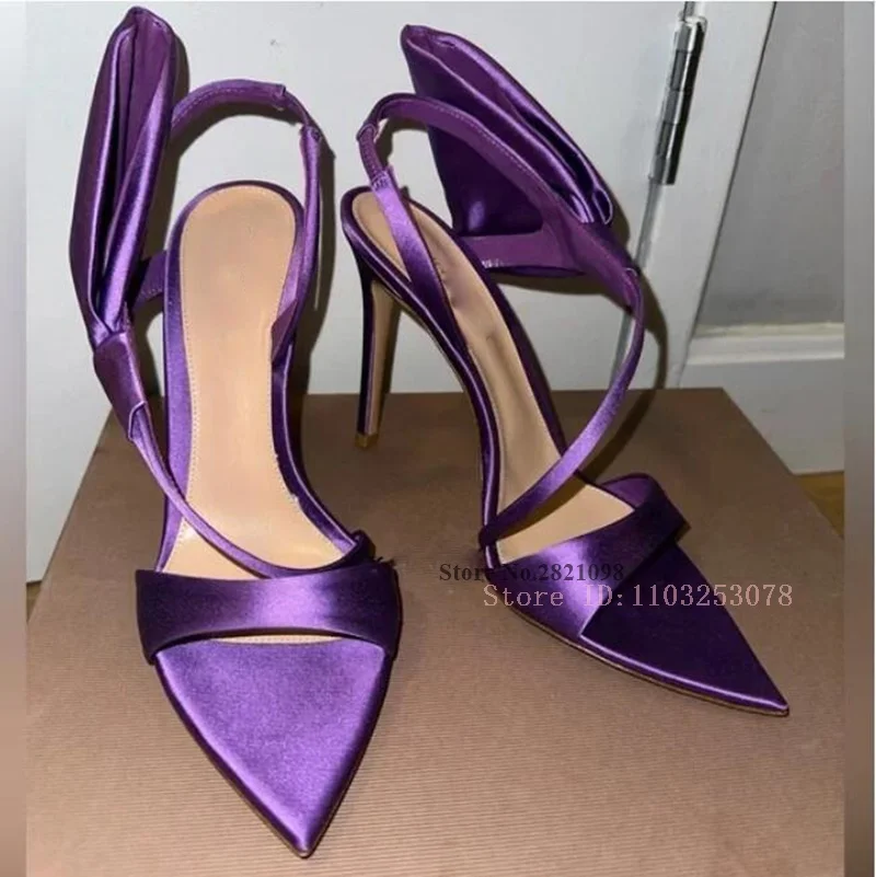 Stiletto Gorgeous Purple Satin Heels Super Heel Ladies Sandals Pointy Toe Bend Straps Thin High Heel Women Summer Fashion Shoes