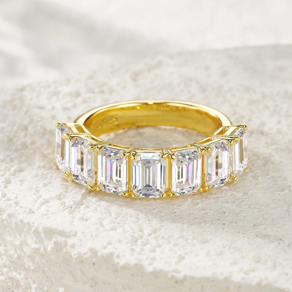 BXINY 4*6mm Emerald Cut Moissanite Ring S925 Silver Plated 18K Gold for Women Men 7-stone Lab Diamond Band Gift Fine Jewelry GRA