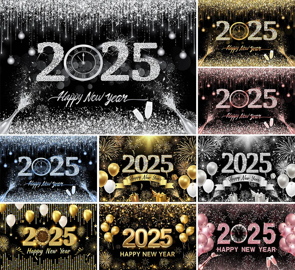 

Mehofond Happy New Year Backdrop for 2025 Glitter Firework Champagne Decor Photozone Christmas Eve Party Photography Background