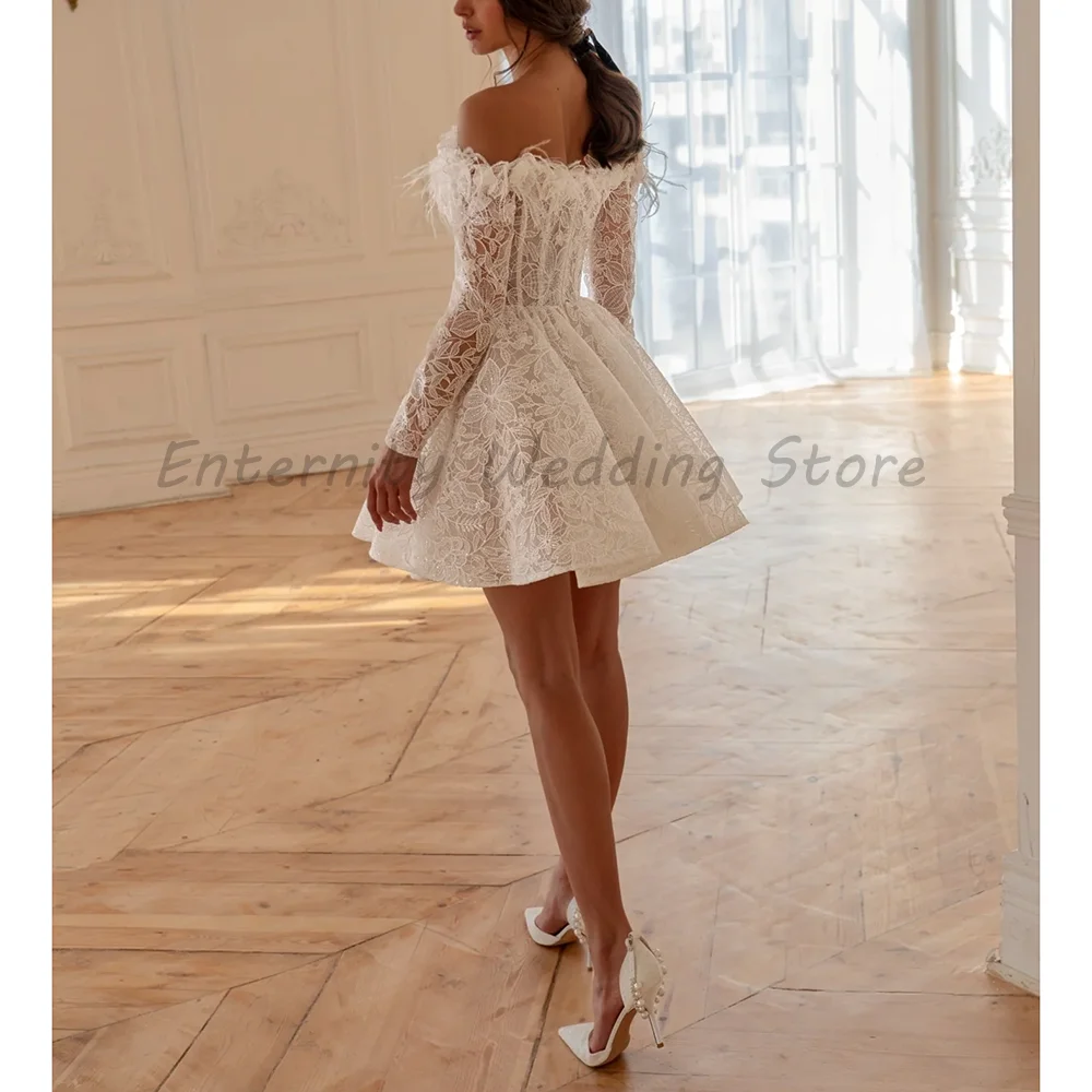 White Off-the-Shoulder Lace Short Wedding Dress with Feather Trim & Long Sleeve Corset Bridal Mini Gown