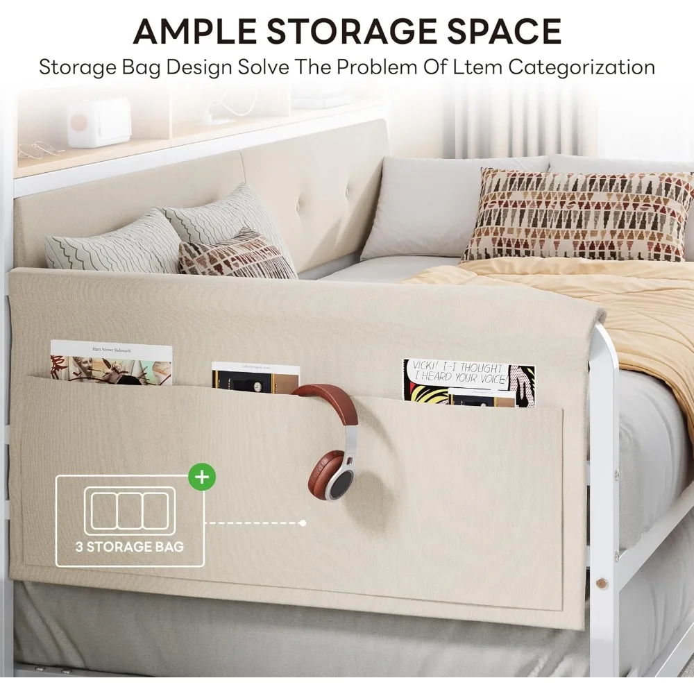 Sofá cama con nido, estructura de cama doble con cabecero tapizado y estación de carga, sofá cama con soportes fuertes