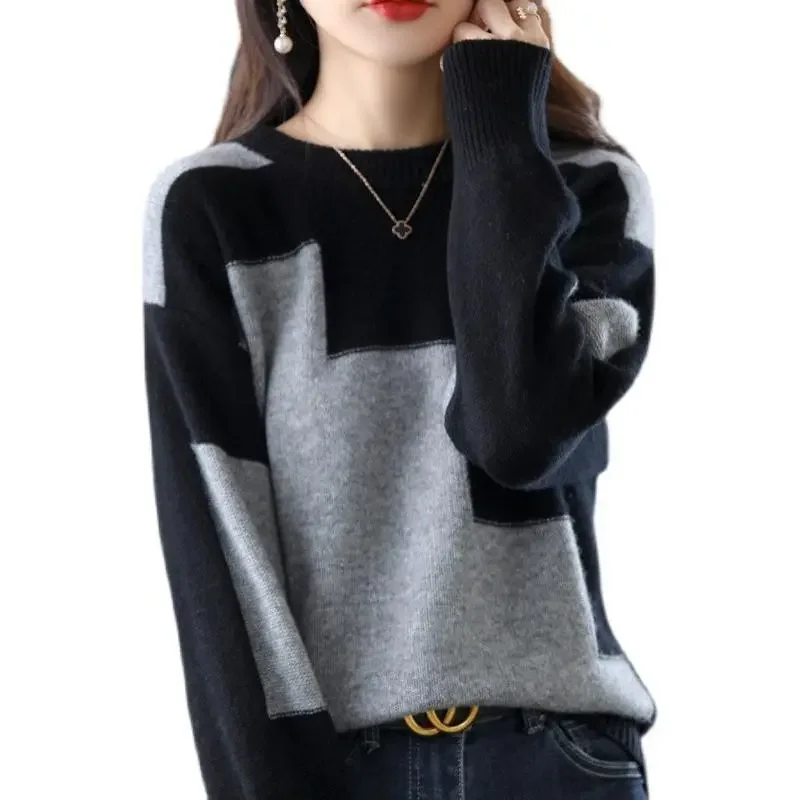 2022 New Autumn Winter Color Blocking Loose Sweaters Women Interior Lapping Classic Office Long Sleeve O-collar Keep Warm Top