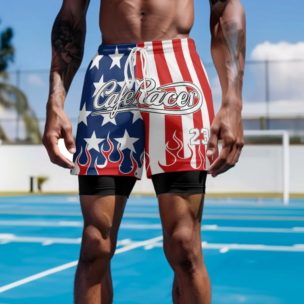 Мужские шорты для бега 2 в 1, быстросохнущие спортивные шорты с подкладкой, шорты для тренировок, пляжная одежда с американским флагом Freedom