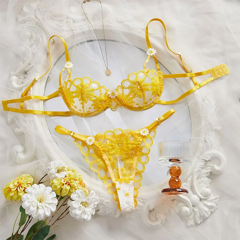 

Sexy Girl Fancy Underwear Beautiful Daisy Lingerie Set Mesh Erotic Lingerie Transparent Underwear Breathable Thin Bra Panty Sets