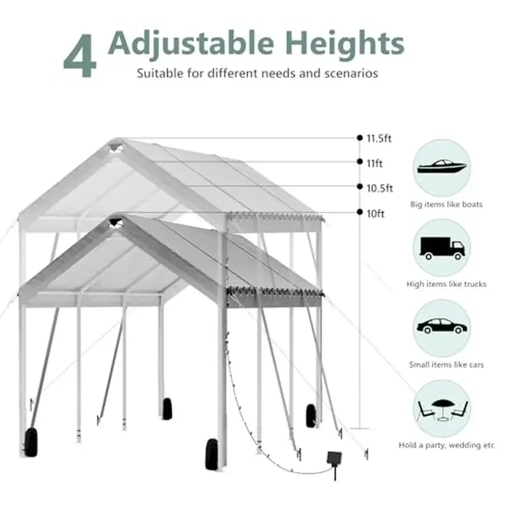 Dossel portátil para garagem, 12x20, resistente, altura ajustável, luzes solares, sacos de areia à prova de vento, anti-uv, postes de aço à prova d'água